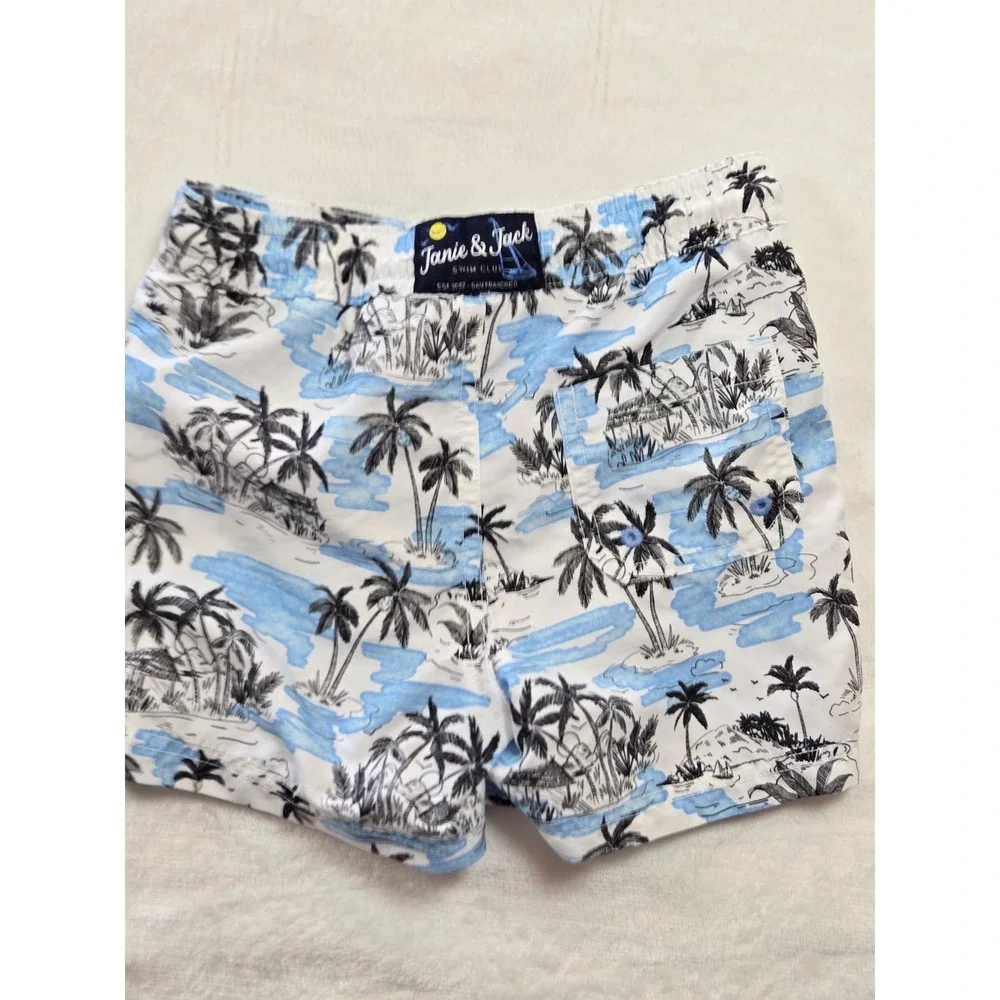 Janie and Jack Boys 3 Tropical Island Palm Tree‎ Print Swim Trunks Blue White